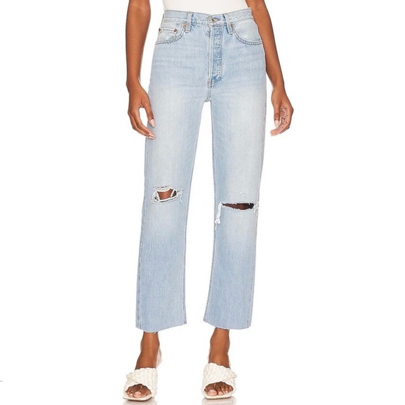 Re/Done Jeans Women’s 31 Surf 70’s Stove Pipe Blue Destroyed Crop High Rise